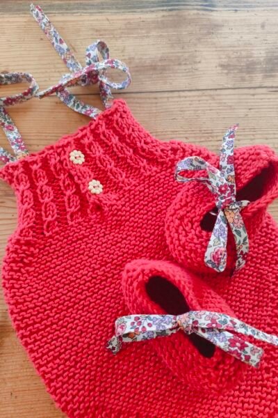 Ensemble barboteuse à torsades et ballerines en coton taille naissance