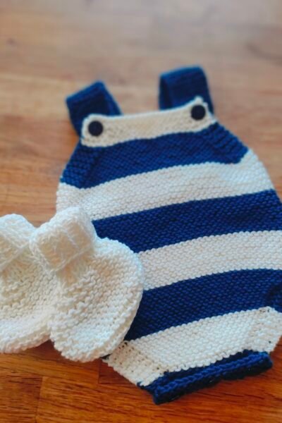 Ensemble barboteuse rayée marine/écrue et chaussons montants écrus en coton - Taille 1-3 mois