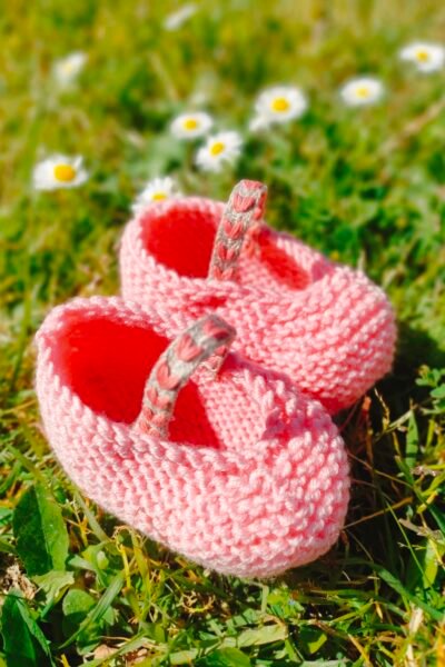 Babies en pure laine mérinos rose, lanière en chanvre – Taille 0-3 mois