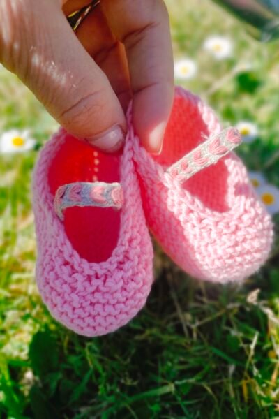 Babies en pure laine mérinos rose, lanière en chanvre – Taille 0-3 mois