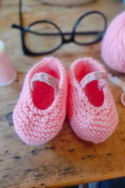 Babies en pure laine mérinos rose, lanière en chanvre – Taille 0-3 mois