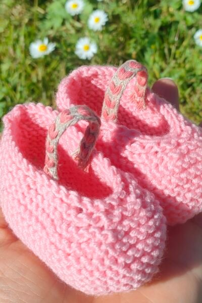 Babies en pure laine mérinos rose, lanière en chanvre – Taille 0-3 mois