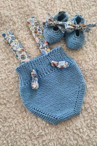 Ensemble bloomer & ballerines bébé – bleu tendre – 0-3 mois – Coton DMC