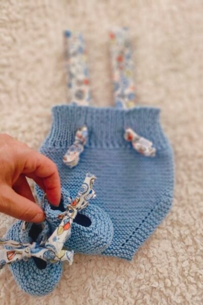 Ensemble bloomer & ballerines bébé – bleu tendre – 0-3 mois – Coton DMC