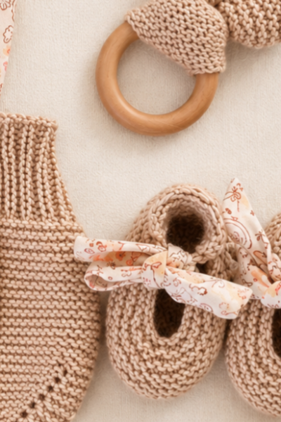 Ensemble bébé Bloomer à bretelles, ballerines et hochet – beige sable – 0-3 mois – 100 % coton