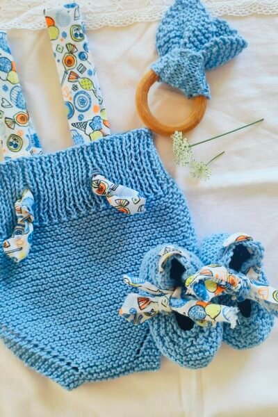Ensemble bébé Bloomer à bretelles, ballerines et hochet – bleu ciel – 0-3 mois – 100 % coton