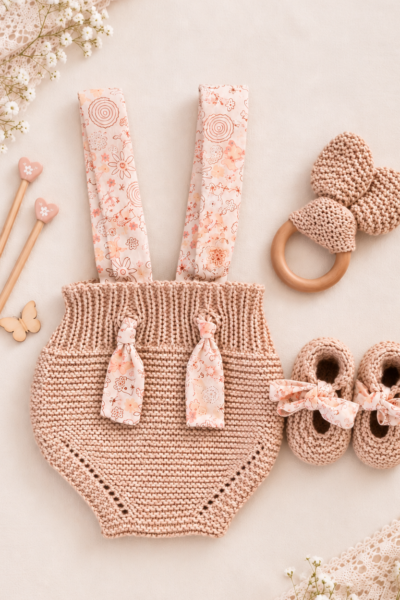 Ensemble bébé Bloomer à bretelles, ballerines et hochet – beige sable – 0-3 mois – 100 % coton