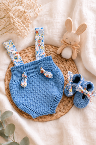 Ensemble bébé Bloomer à bretelles, ballerines et hochet – bleu ciel – 0-3 mois – 100 % coton