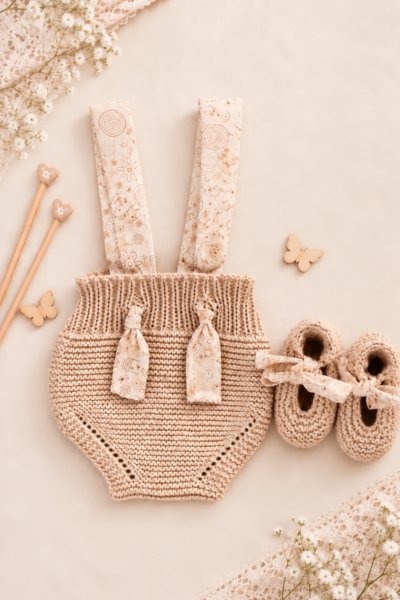 Ensemble bébé beige sable avec bloomer et chaussons