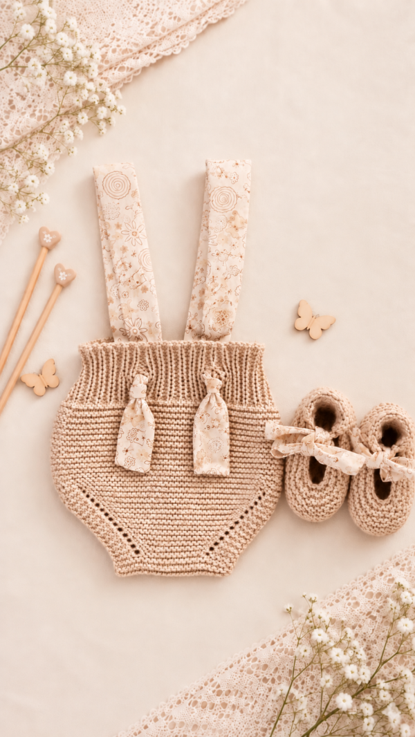 Ensemble bébé beige sable avec bloomer et chaussons