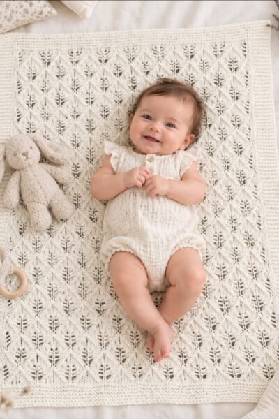 Couverture ajourée bébé tricotée main en coton – écru
