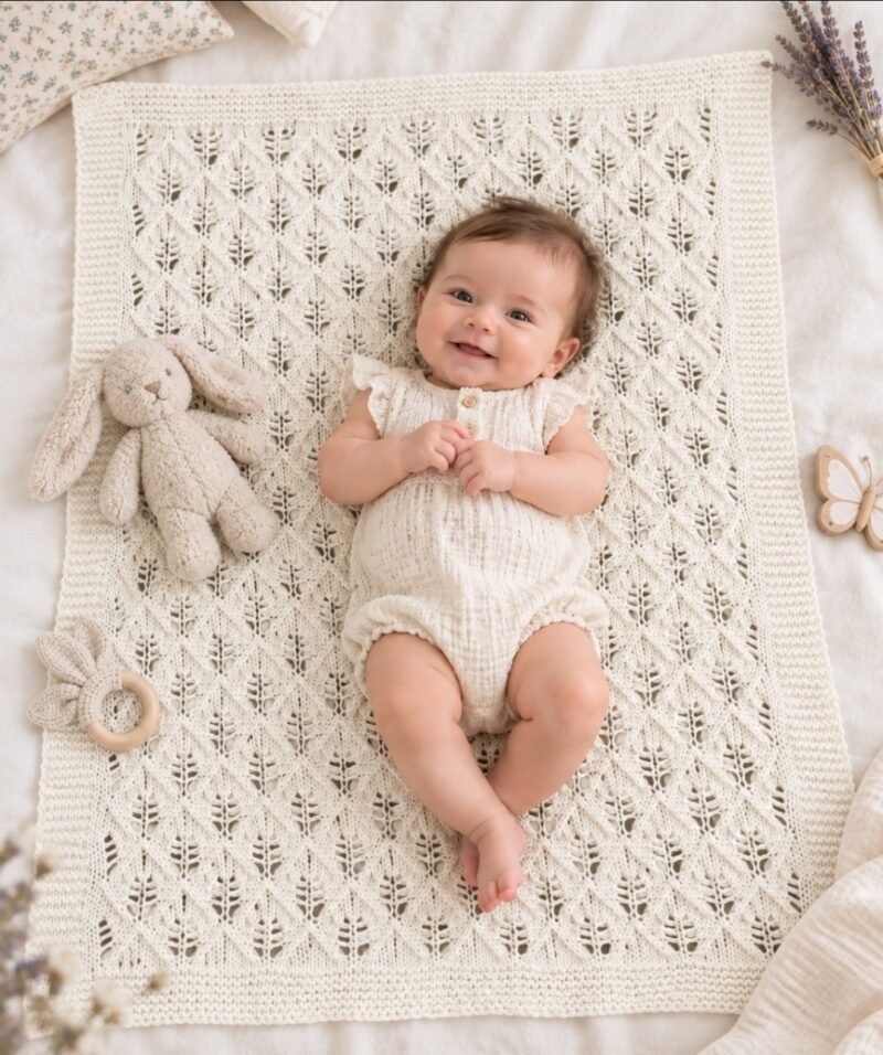 Couverture ajourée bébé tricotée main en coton - écru