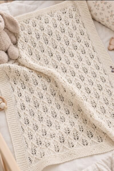 Couverture ajourée bébé tricotée main en coton – écru