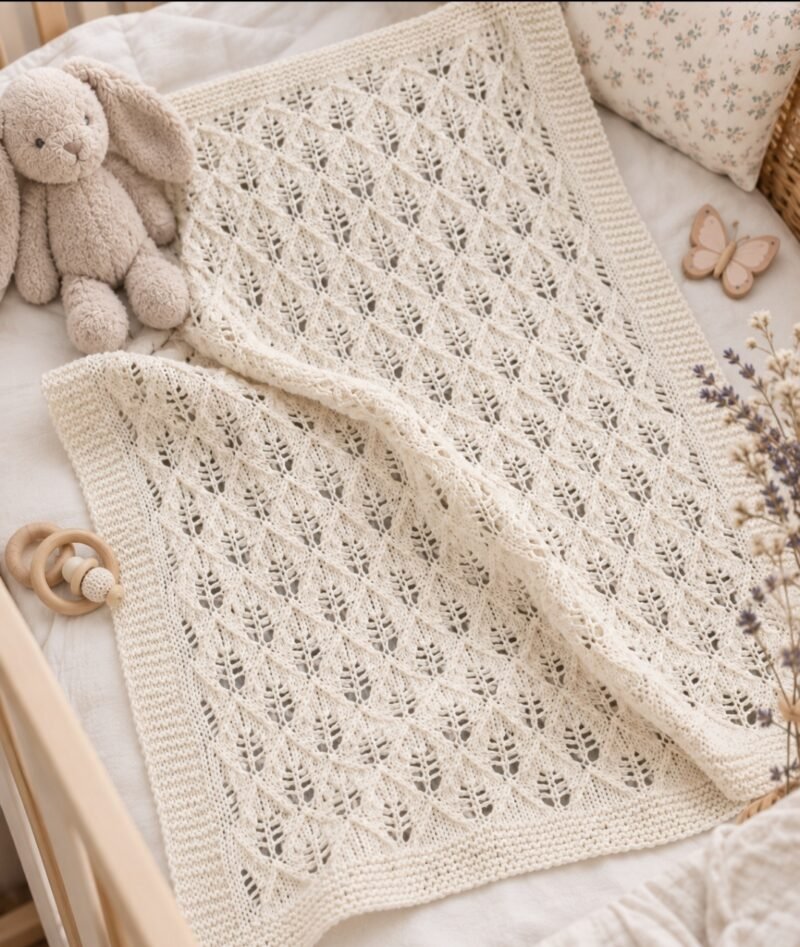 Couverture ajourée bébé tricotée main en coton - écru – Image 2