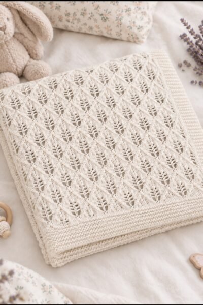 Couverture ajourée bébé tricotée main en coton – écru