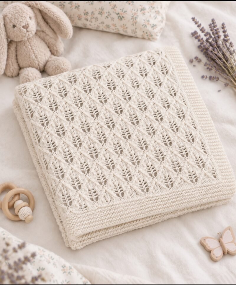 Couverture ajourée bébé tricotée main en coton - écru – Image 3